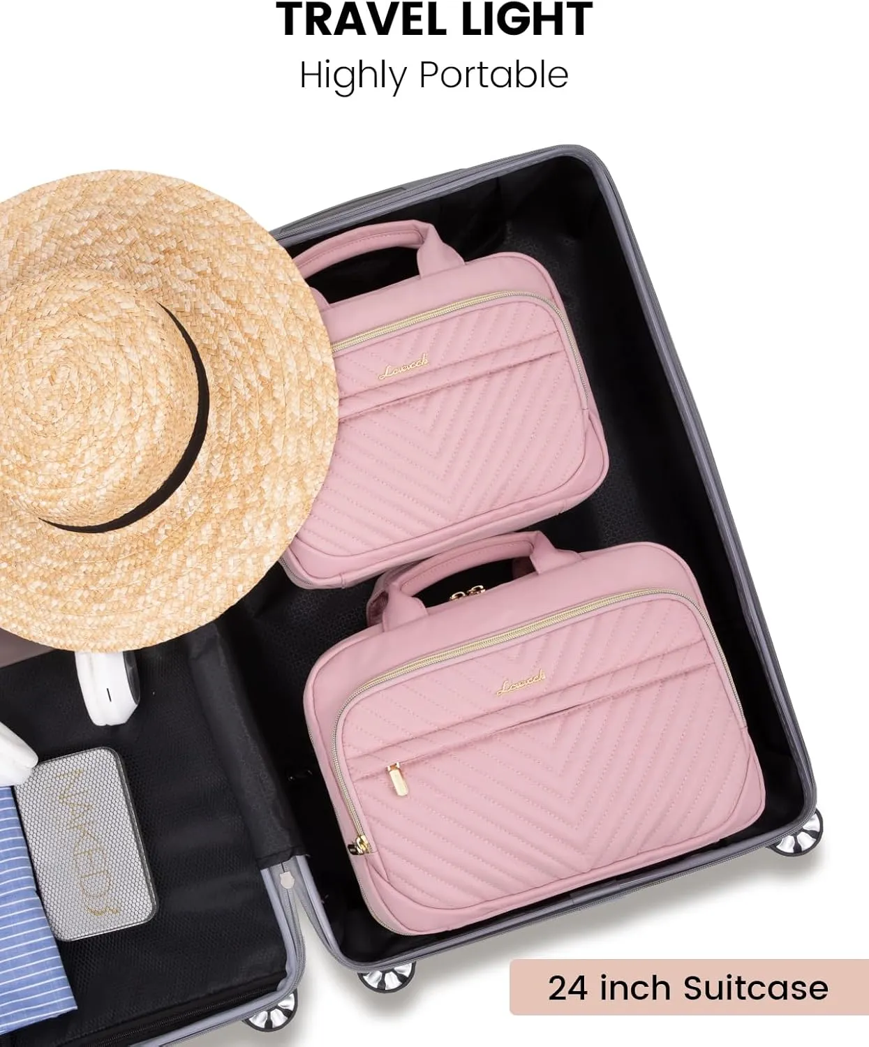 LOVEVOOK Travel Toiletry Bag for Women, Waterproof Hanging Makeup Bag with Jewelry Compartment, Come with TSA Approved Clear Cosmetic Bag for Trips Camping Bathroom(Pink,12.5 Inch 2-piece set)