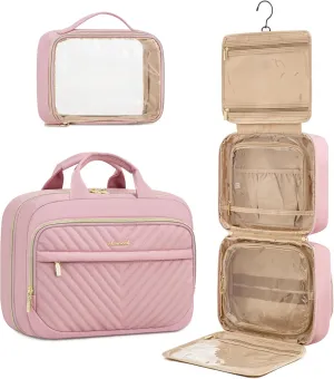 LOVEVOOK Travel Toiletry Bag for Women, Waterproof Hanging Makeup Bag with Jewelry Compartment, Come with TSA Approved Clear Cosmetic Bag for Trips Camping Bathroom(Pink,12.5 Inch 2-piece set)