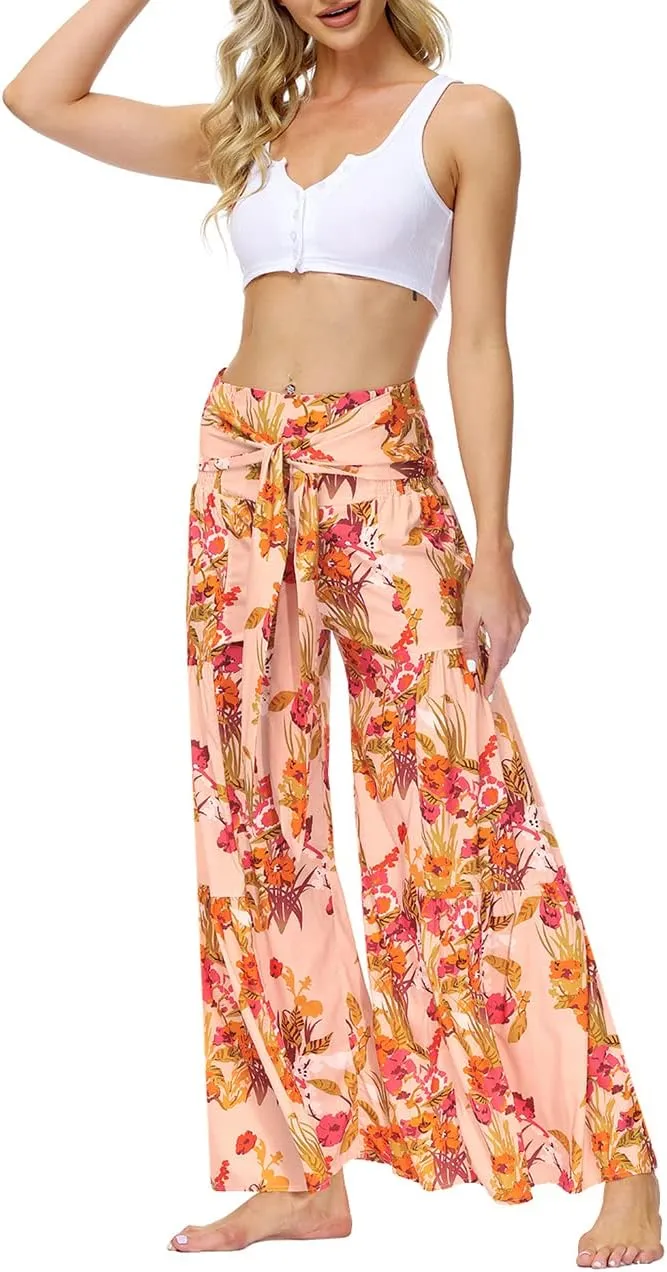 Lrady Women Wide Leg Palazzo Lounge Pants Printed Beach Summer Boho Tie-Waist Bell Bottoms Trousers