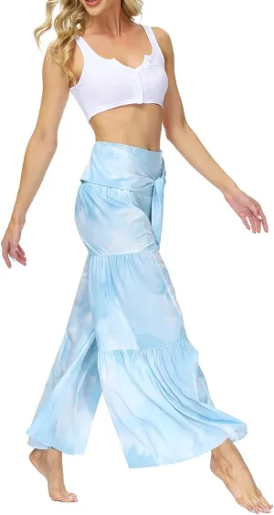 Lrady Women Wide Leg Palazzo Lounge Pants Printed Beach Summer Boho Tie-Waist Bell Bottoms Trousers