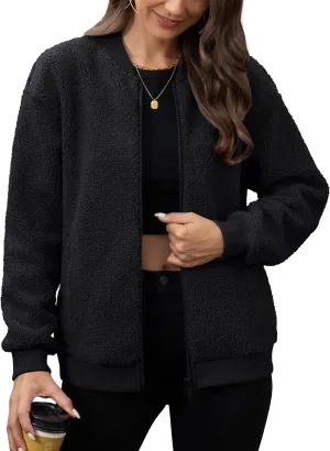 MAGCOMSEN Women's Sherpa Fleece Jacket Long Sleeve Fuzzy Comfy Fall Coat Bomber Zip Up Winter Jackets with Pockets
