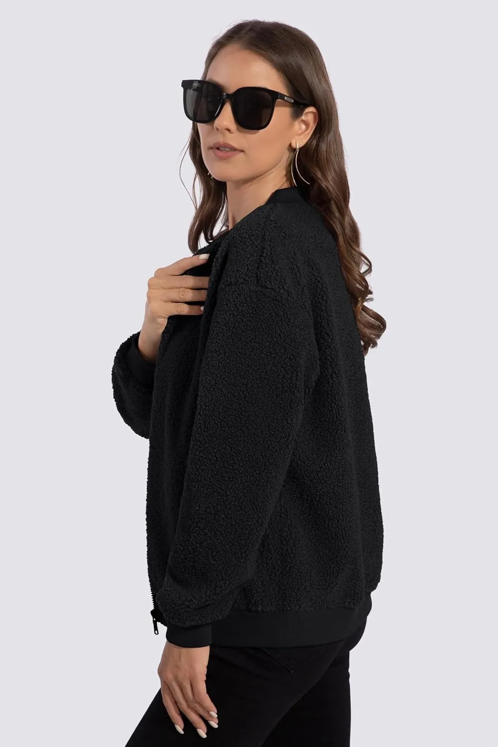 MAGCOMSEN Women's Sherpa Fleece Jacket Long Sleeve Fuzzy Comfy Fall Coat Bomber Zip Up Winter Jackets with Pockets