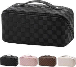 Makeup Bag, Upgrade Make Up Bags Large Capacity Travel Cosmetic Bag Lay Flat Makeup Bag Organizer Portable Waterproof Leather Large Makeup Bags for Women,Black