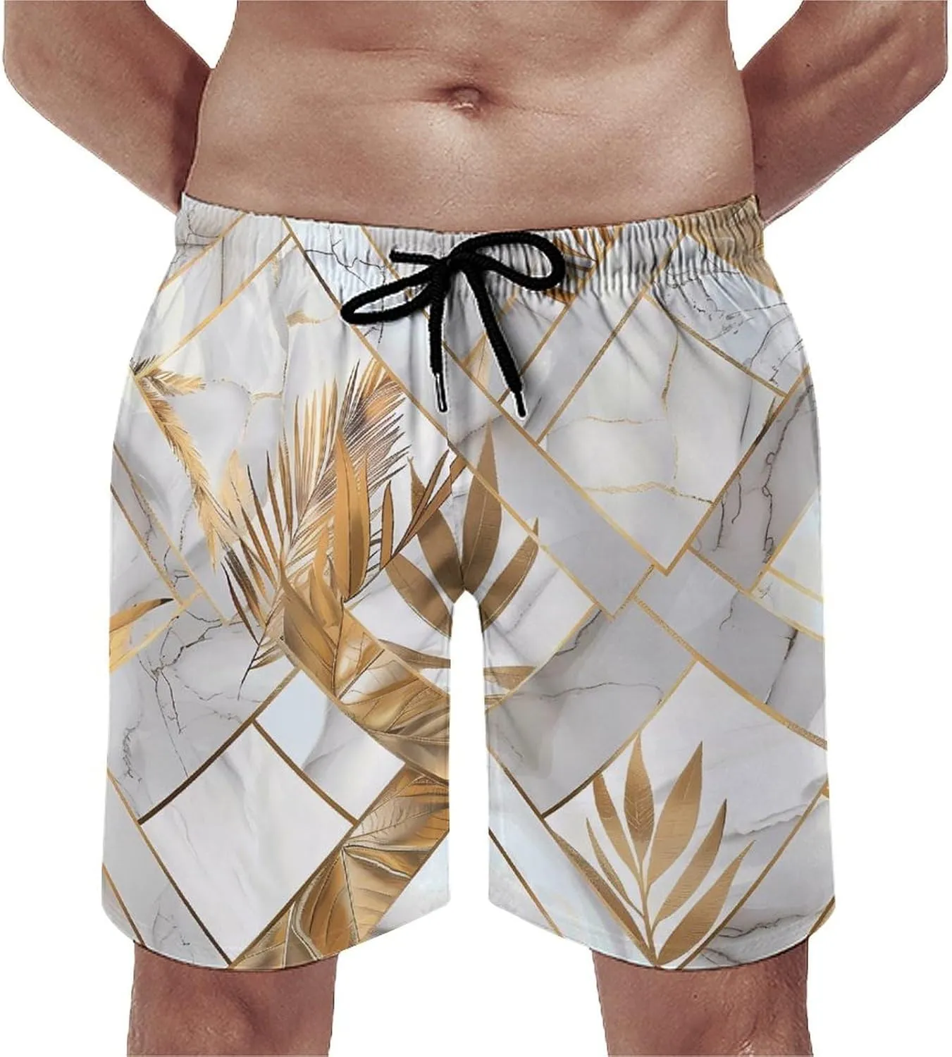 Marble Geometric Gold Leaves Men's Swim Trunks Quick Dry Board Shorts Breathable Summer Beach Shorts Bathing Suits