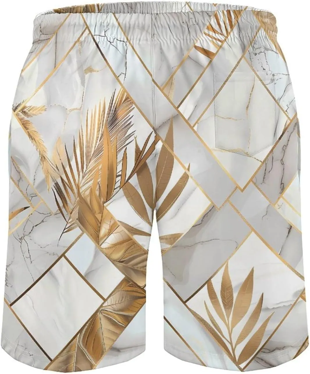 Marble Geometric Gold Leaves Men's Swim Trunks Quick Dry Board Shorts Breathable Summer Beach Shorts Bathing Suits