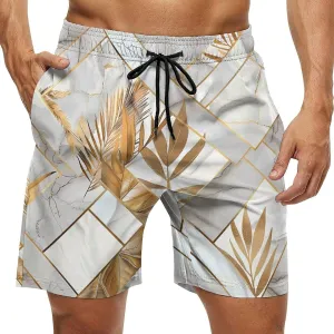 Marble Geometric Gold Leaves Men's Swim Trunks Quick Dry Board Shorts Breathable Summer Beach Shorts Bathing Suits