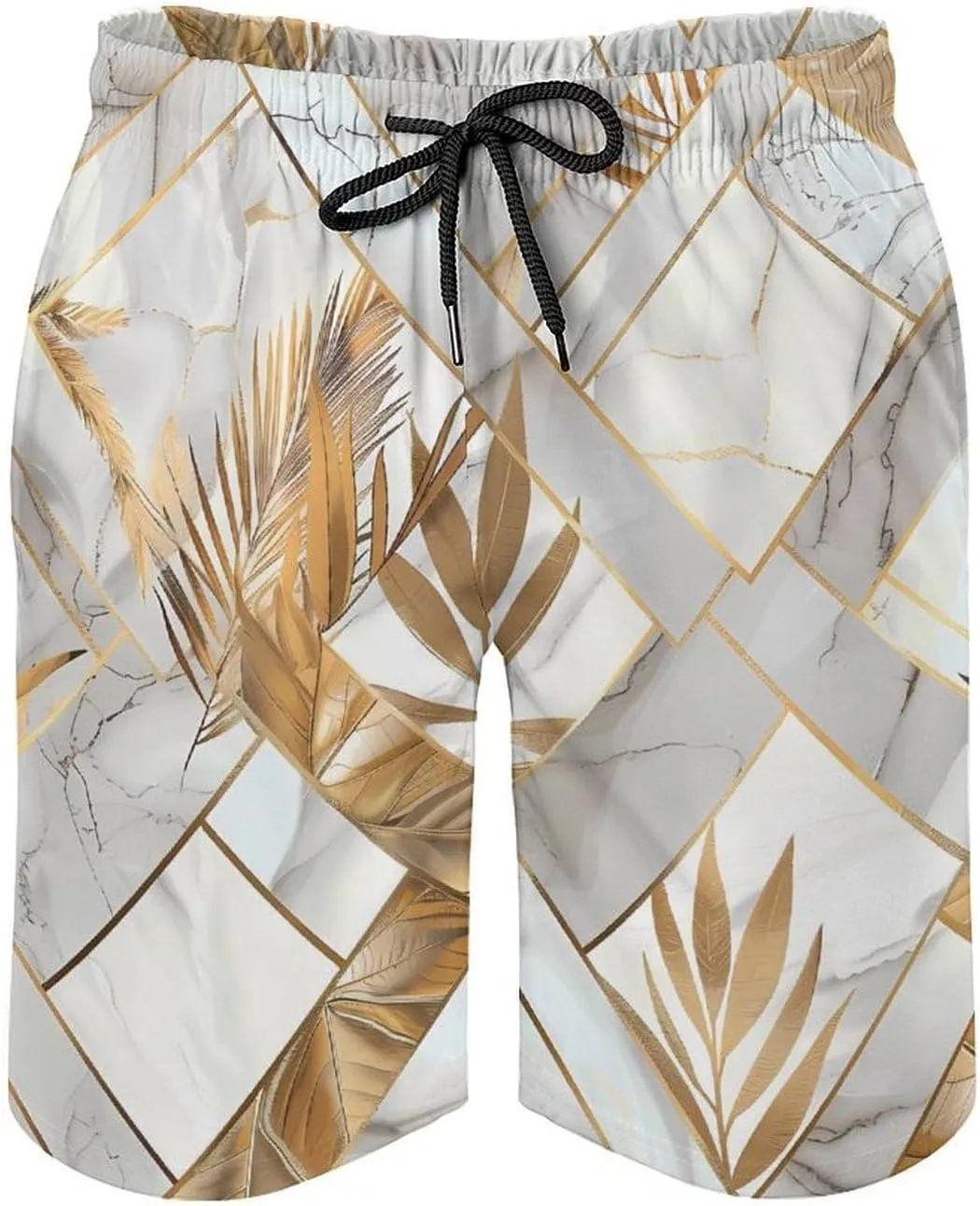 Marble Geometric Gold Leaves Men's Swim Trunks Quick Dry Board Shorts Breathable Summer Beach Shorts Bathing Suits