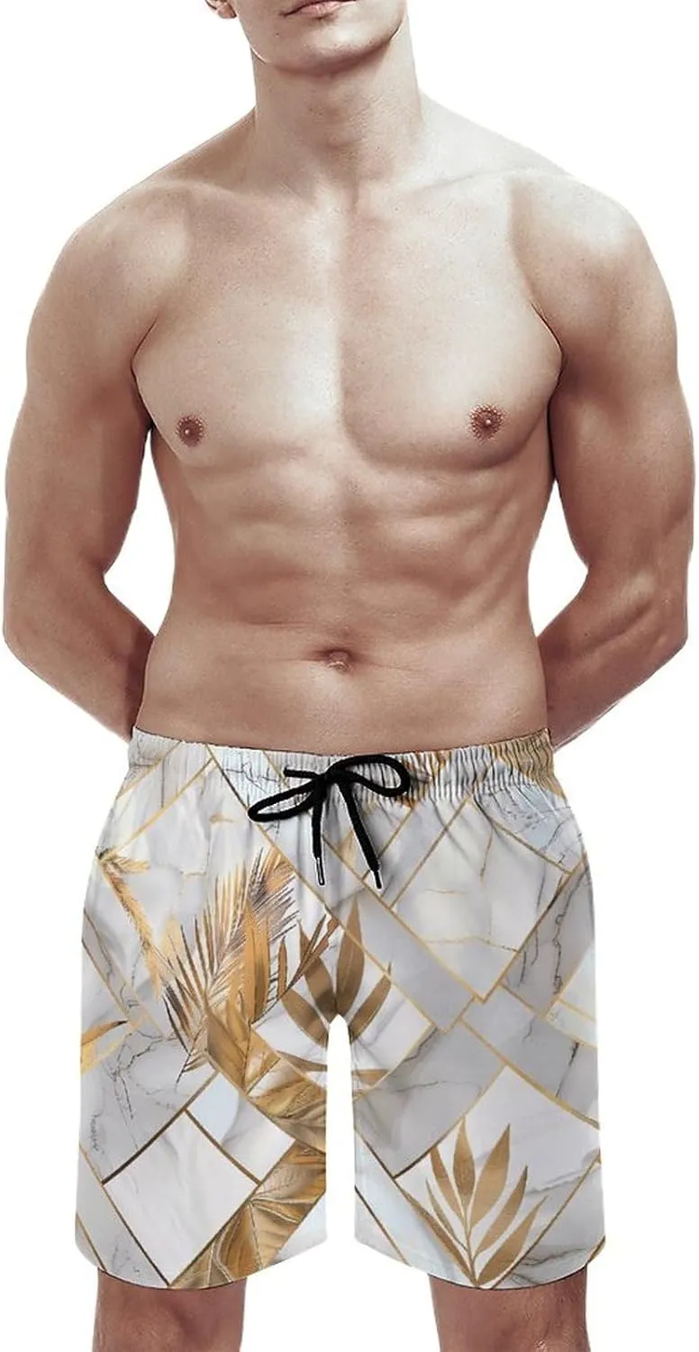 Marble Geometric Gold Leaves Men's Swim Trunks Quick Dry Board Shorts Breathable Summer Beach Shorts Bathing Suits