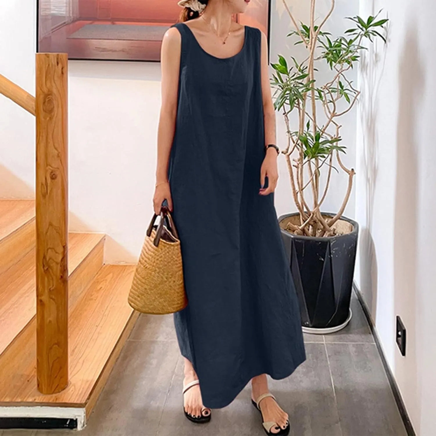 Maxi Dresses for Women,2023 Spring Summer Trendy Crew Neck Short Sleeve Floral Print Beach Dresses with Pockets