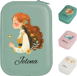 MAYCARI Custom Travel Portable LED Makeup Mirror Case Cartoon Zodiac Leather Personalized Name Makeup Organizer DIY Jewelry Organizer Case for Women Daughter Mother Birthday Christmas Gifts (Green)