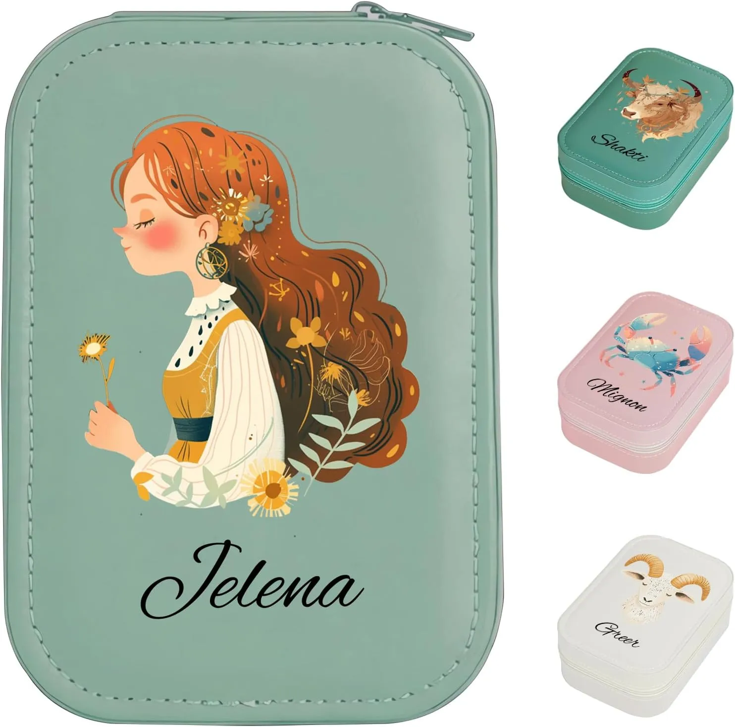 MAYCARI Custom Travel Portable LED Makeup Mirror Case Cartoon Zodiac Leather Personalized Name Makeup Organizer DIY Jewelry Organizer Case for Women Daughter Mother Birthday Christmas Gifts (Green)