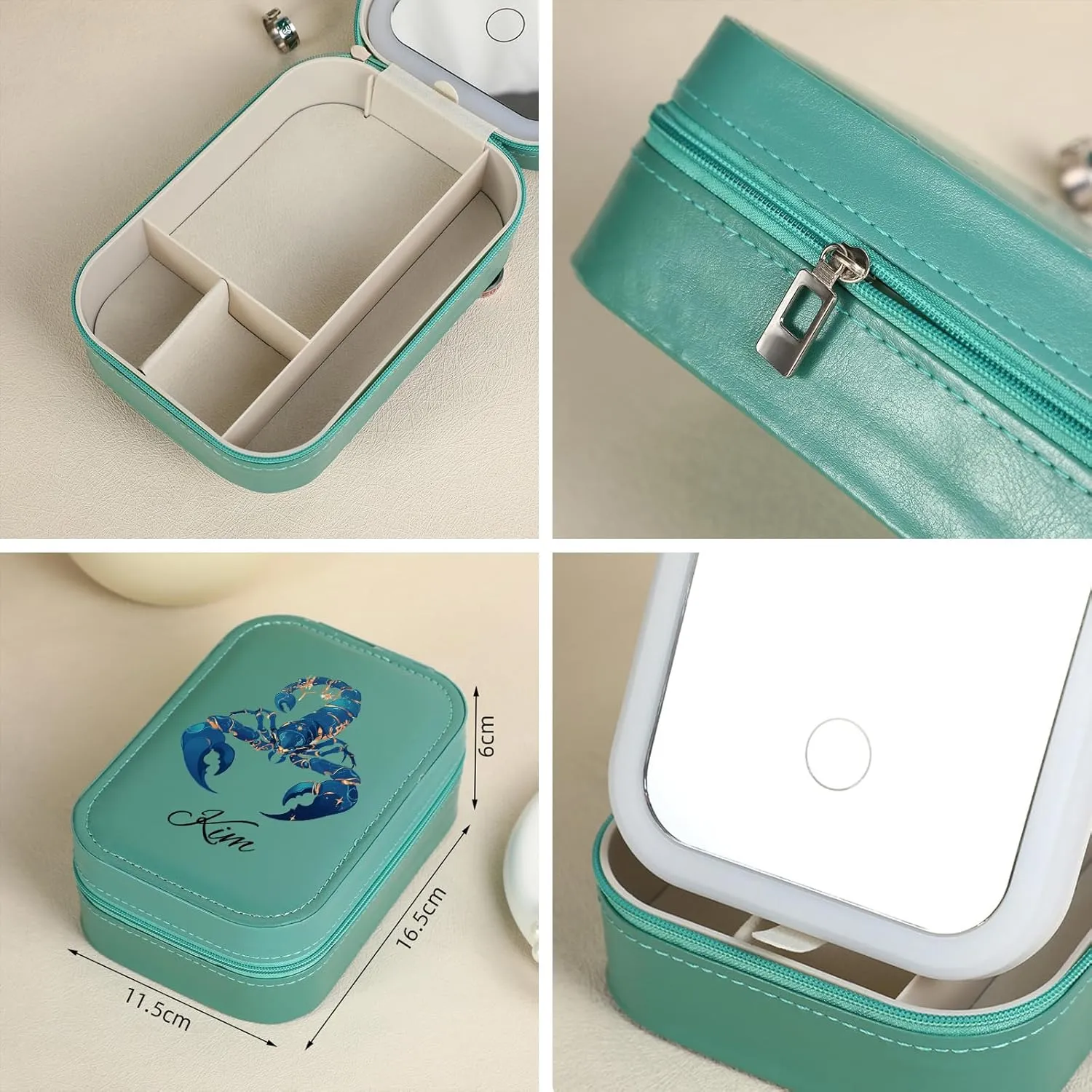 MAYCARI Custom Travel Portable LED Makeup Mirror Case Cartoon Zodiac Leather Personalized Name Makeup Organizer DIY Jewelry Organizer Case for Women Daughter Mother Birthday Christmas Gifts (Green)