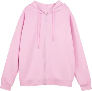 Meladyan Women Oversized Solid Zip Up Hoodie Drawstring Hooded Long Sleeve Fleece Vintage Sweatshirts Jackets Pockets 90s