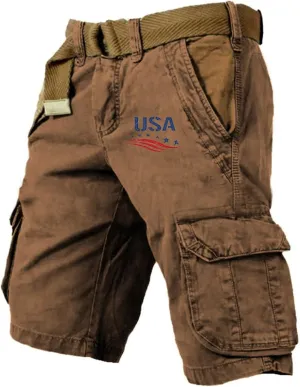 Men Vintage Cargo Shorts American Flag Print Patriotic Tactical Shorts Muiti Pocket Outdoor Hiking Running Short Pant