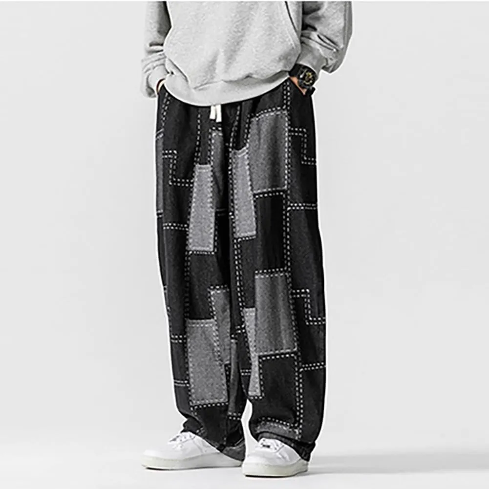 Mens Baggy Denim Harem Pants Casual Drawstring Waist Patchwork Wide Leg Skaterboard Jeans