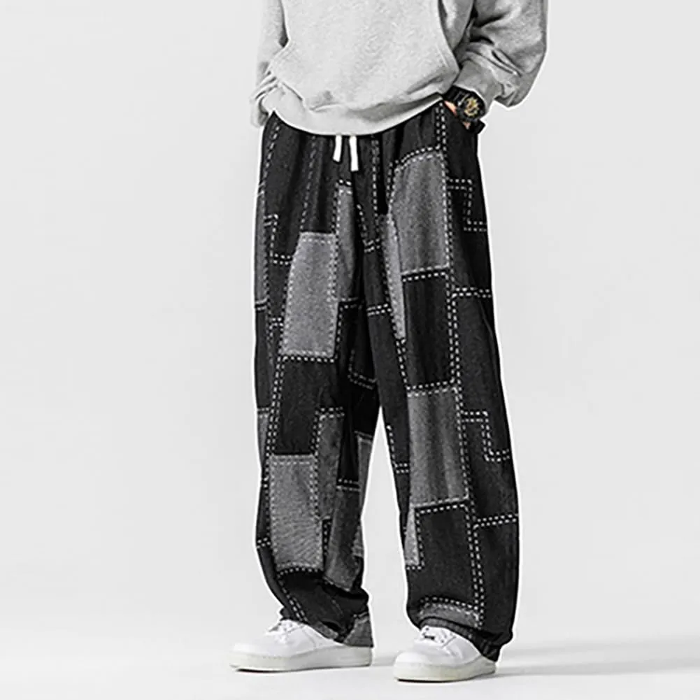 Mens Baggy Denim Harem Pants Casual Drawstring Waist Patchwork Wide Leg Skaterboard Jeans