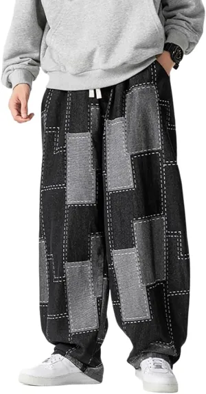Mens Baggy Denim Harem Pants Casual Drawstring Waist Patchwork Wide Leg Skaterboard Jeans