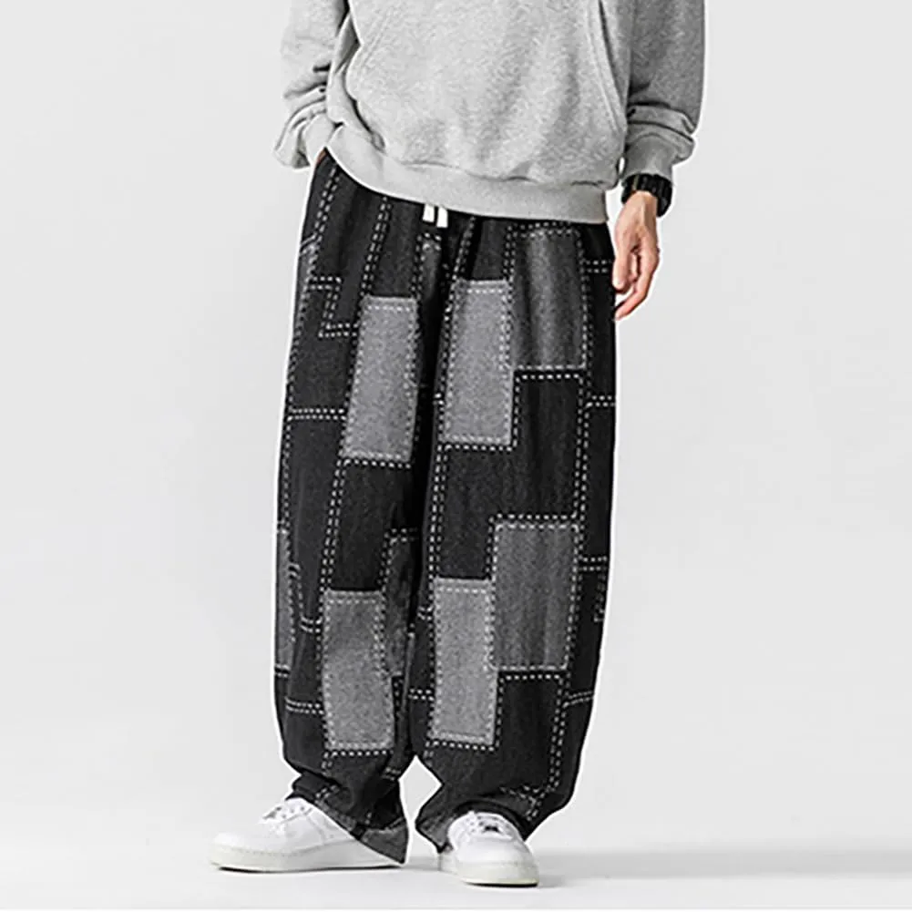 Mens Baggy Denim Harem Pants Casual Drawstring Waist Patchwork Wide Leg Skaterboard Jeans