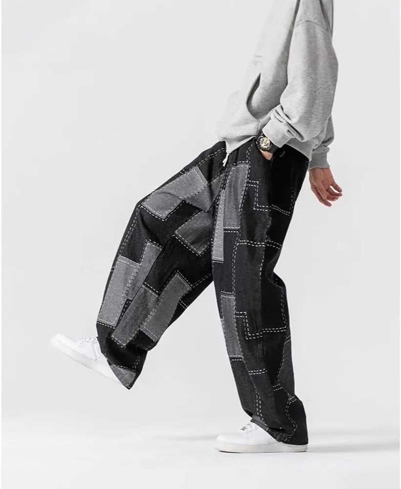 Mens Baggy Denim Harem Pants Casual Drawstring Waist Patchwork Wide Leg Skaterboard Jeans
