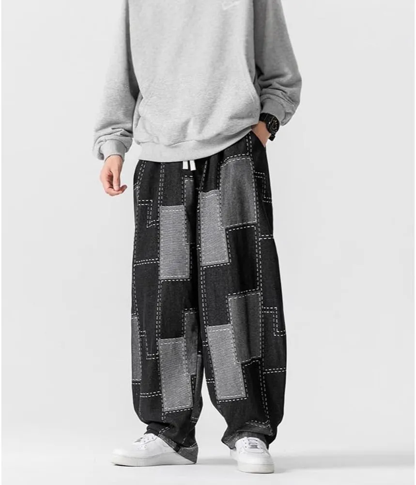Mens Baggy Denim Harem Pants Casual Drawstring Waist Patchwork Wide Leg Skaterboard Jeans