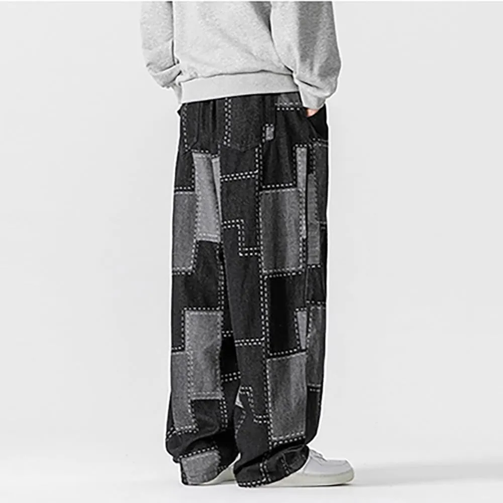Mens Baggy Denim Harem Pants Casual Drawstring Waist Patchwork Wide Leg Skaterboard Jeans