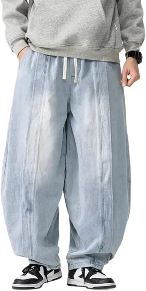 Mens Baggy Denim Harem Pants Elastic Waist Wide Leg Loose Jeans