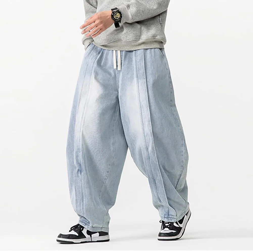 Mens Baggy Denim Harem Pants Elastic Waist Wide Leg Loose Jeans