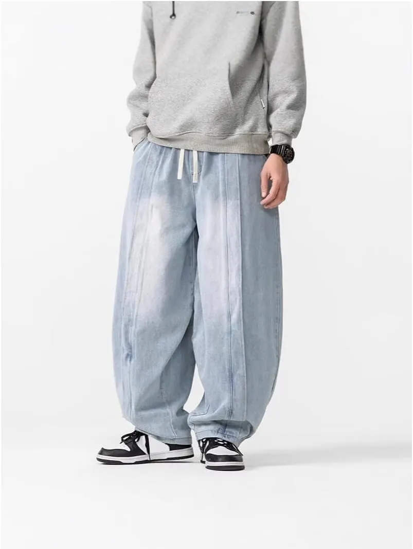 Mens Baggy Denim Harem Pants Elastic Waist Wide Leg Loose Jeans