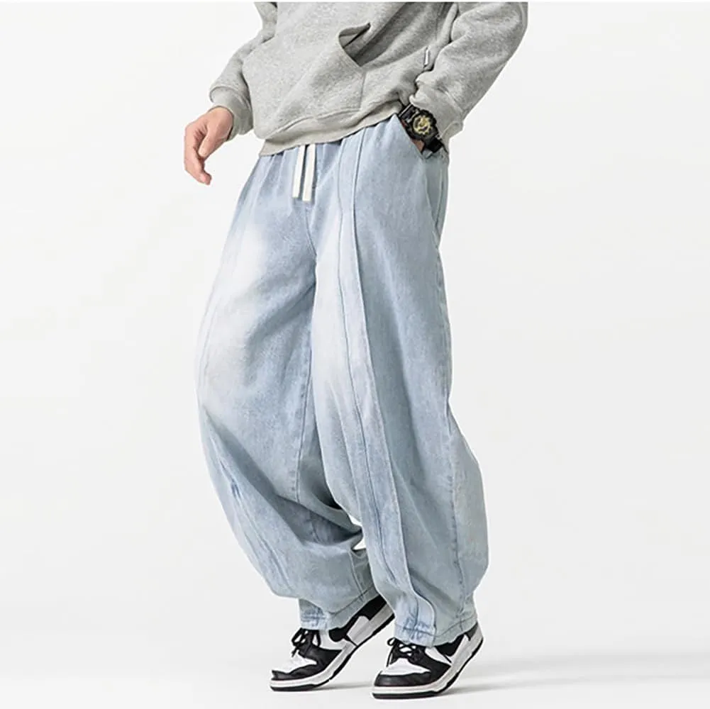 Mens Baggy Denim Harem Pants Elastic Waist Wide Leg Loose Jeans