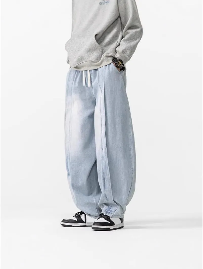 Mens Baggy Denim Harem Pants Elastic Waist Wide Leg Loose Jeans