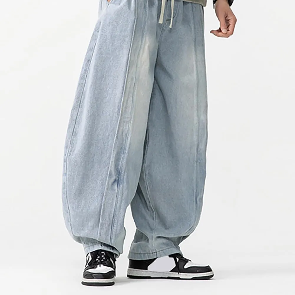 Mens Baggy Denim Harem Pants Elastic Waist Wide Leg Loose Jeans