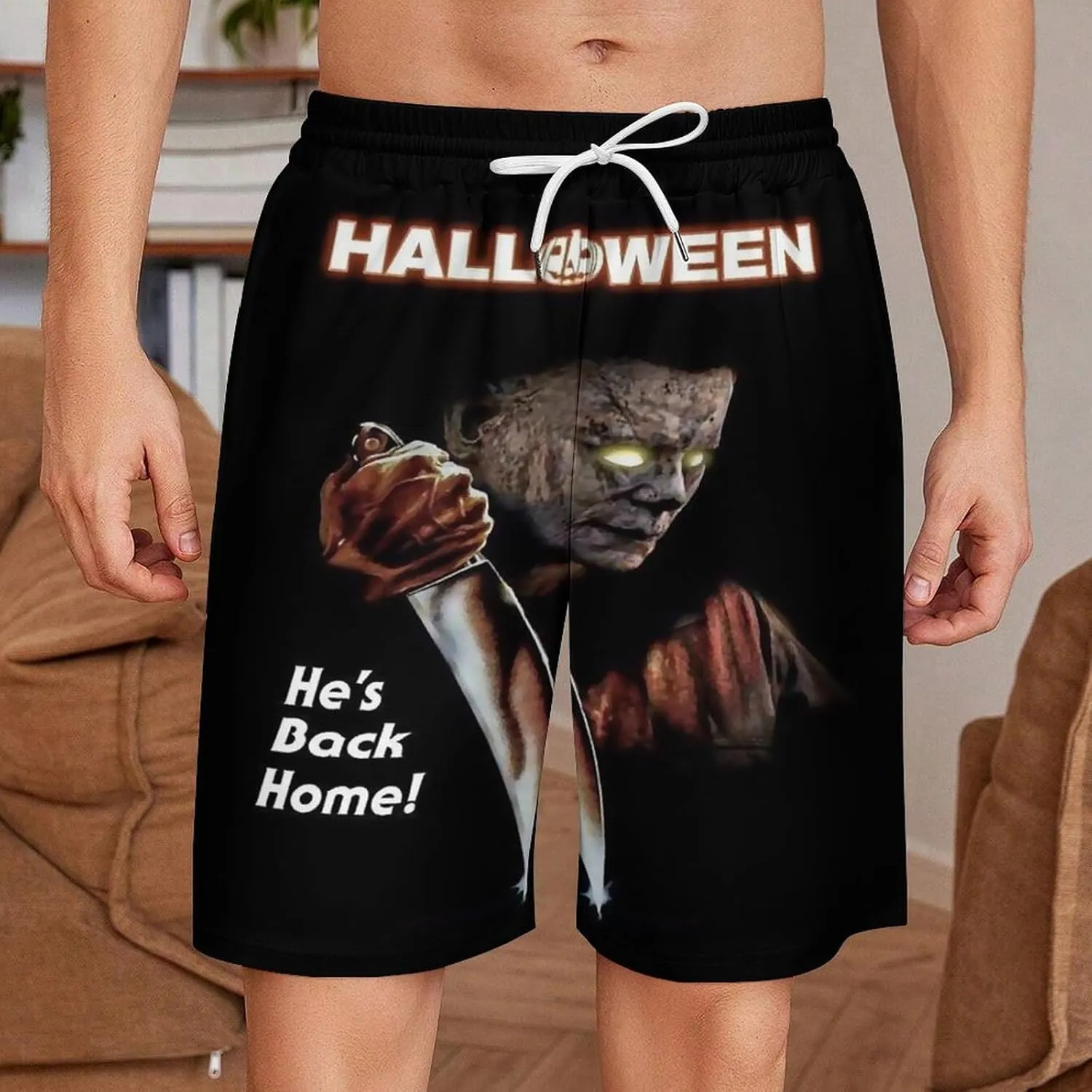 Men's Beach Pants Halloween Michael Myers Summer Board Shorts with Pockets Beach Shorts Bathing Suits for Men