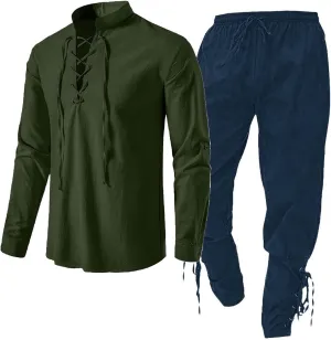 Men's Bohemian Two Piece Linen Set Long Sleeve Lace Up Collar Shirt Long Pant Medieval Costume Renaissance Summer Casual Wear