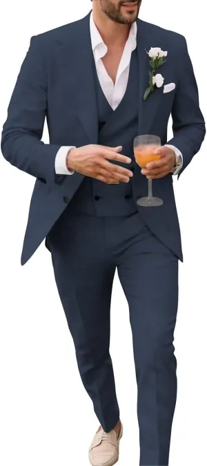 Men's Linen Double Breasted Suits Slim Fit 3 Piece Suits for Men Beach Wedding Tuxedo for Groom Prom Suit Set
