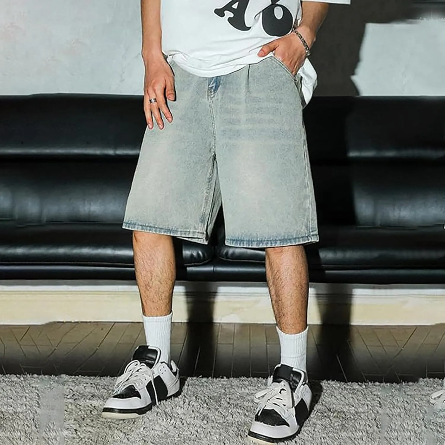 Men's Loose Fit Hip Hop Cropped Jean Shorts Baggy Denim Shorts with Pockets Casual Summer Streetwear Clothes