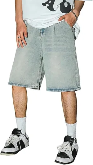 Men's Loose Fit Hip Hop Cropped Jean Shorts Baggy Denim Shorts with Pockets Casual Summer Streetwear Clothes