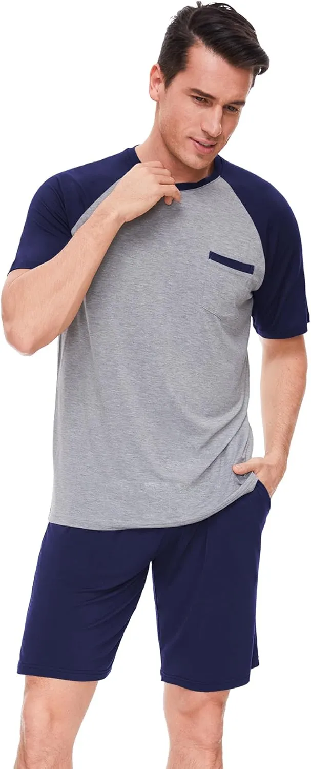 Mens Pajamas Set Shorts Bamboo Viscose Short Sleeve Sleepwear Top and Shorts Set Soft Pjs Loungewear Set