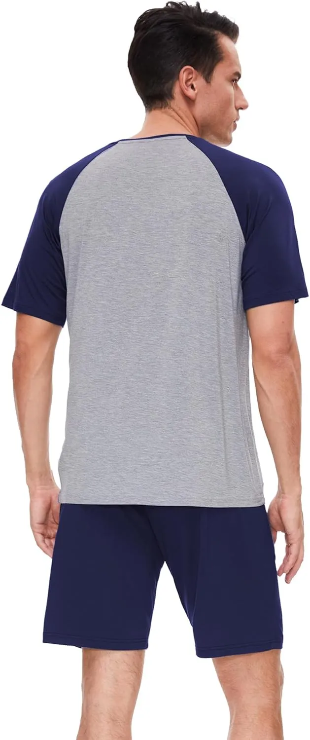 Mens Pajamas Set Shorts Bamboo Viscose Short Sleeve Sleepwear Top and Shorts Set Soft Pjs Loungewear Set