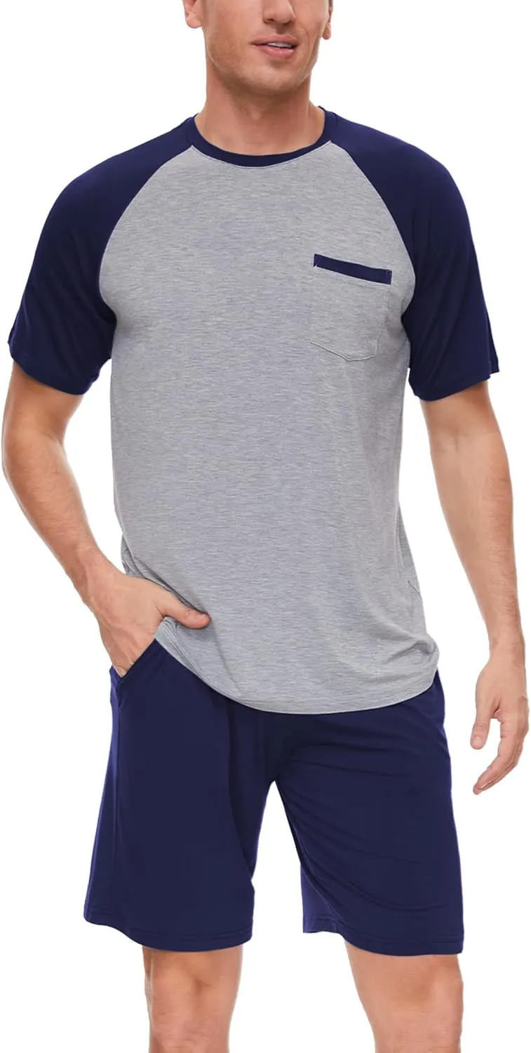 Mens Pajamas Set Shorts Bamboo Viscose Short Sleeve Sleepwear Top and Shorts Set Soft Pjs Loungewear Set