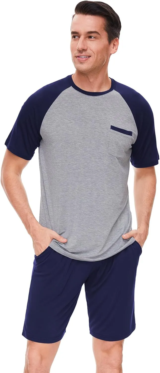 Mens Pajamas Set Shorts Bamboo Viscose Short Sleeve Sleepwear Top and Shorts Set Soft Pjs Loungewear Set