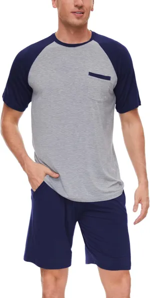 Mens Pajamas Set Shorts Bamboo Viscose Short Sleeve Sleepwear Top and Shorts Set Soft Pjs Loungewear Set