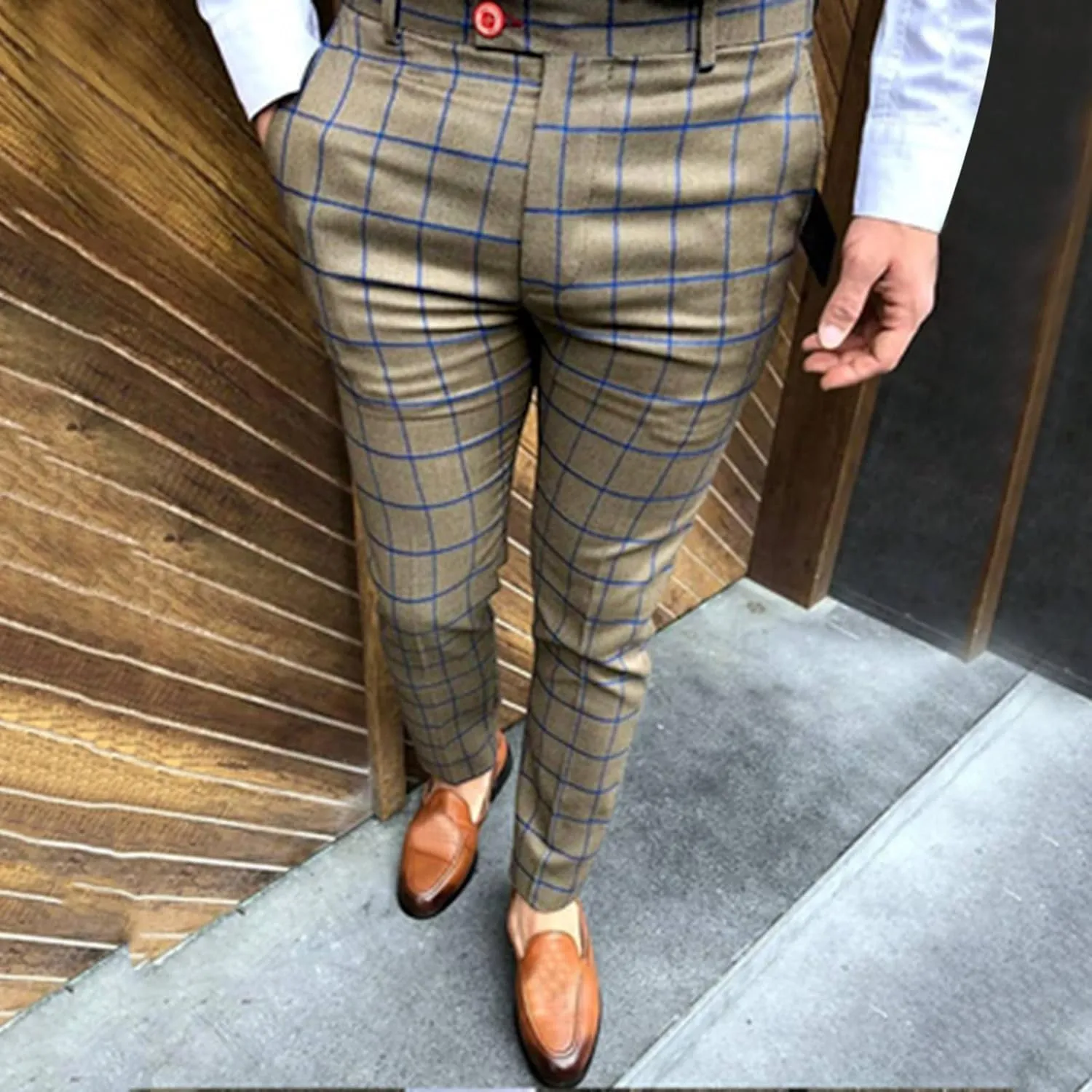 Men's Plaid Dress Pants Slim Fit Flat Front Business Work Pencil Trousers Casual Stretchy Golf Chino Pants with Pockets