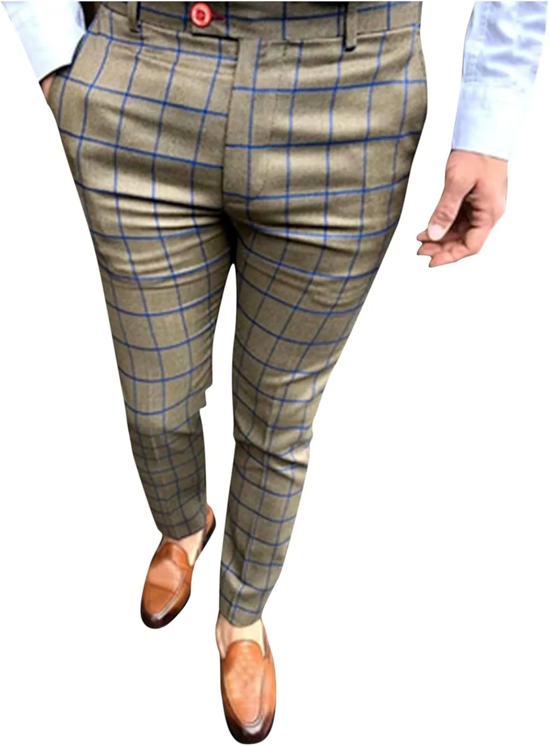 Men's Plaid Dress Pants Slim Fit Flat Front Business Work Pencil Trousers Casual Stretchy Golf Chino Pants with Pockets