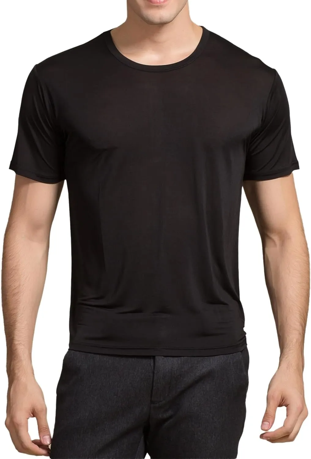 Mens Silk Knitted T Shirt 100% Pure Mulberry Silk Sleep T Shirt Crew Neck Top Undershirt Blouse Short Sleeve Tee Tops