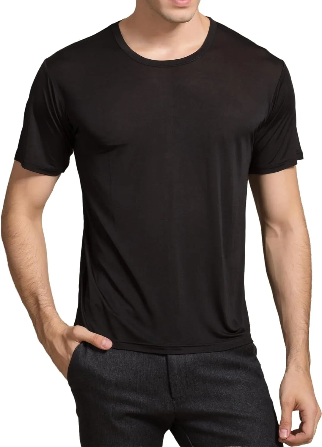 Mens Silk Knitted T Shirt 100% Pure Mulberry Silk Sleep T Shirt Crew Neck Top Undershirt Blouse Short Sleeve Tee Tops