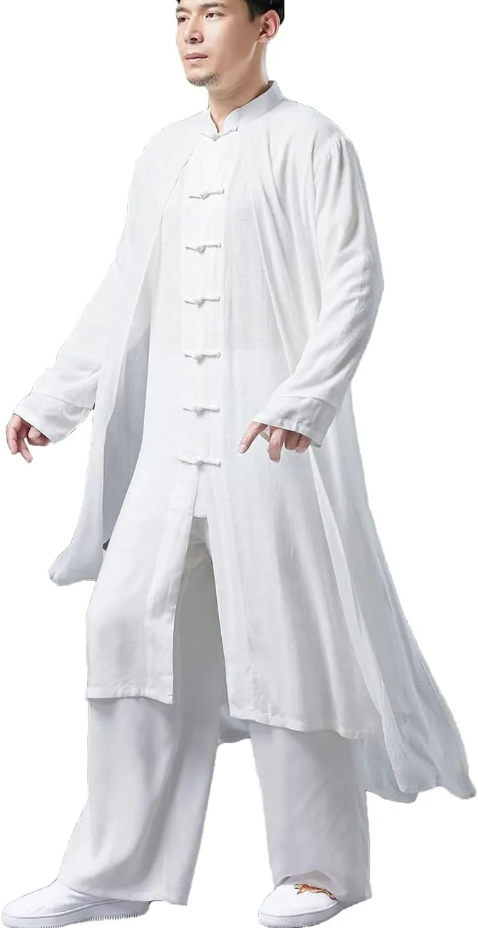 Men's Trench Coat Long Tang Suit Kung Fu Cotton Linen Robe Chinese Style Fake Two Piece Jackets Solid Color