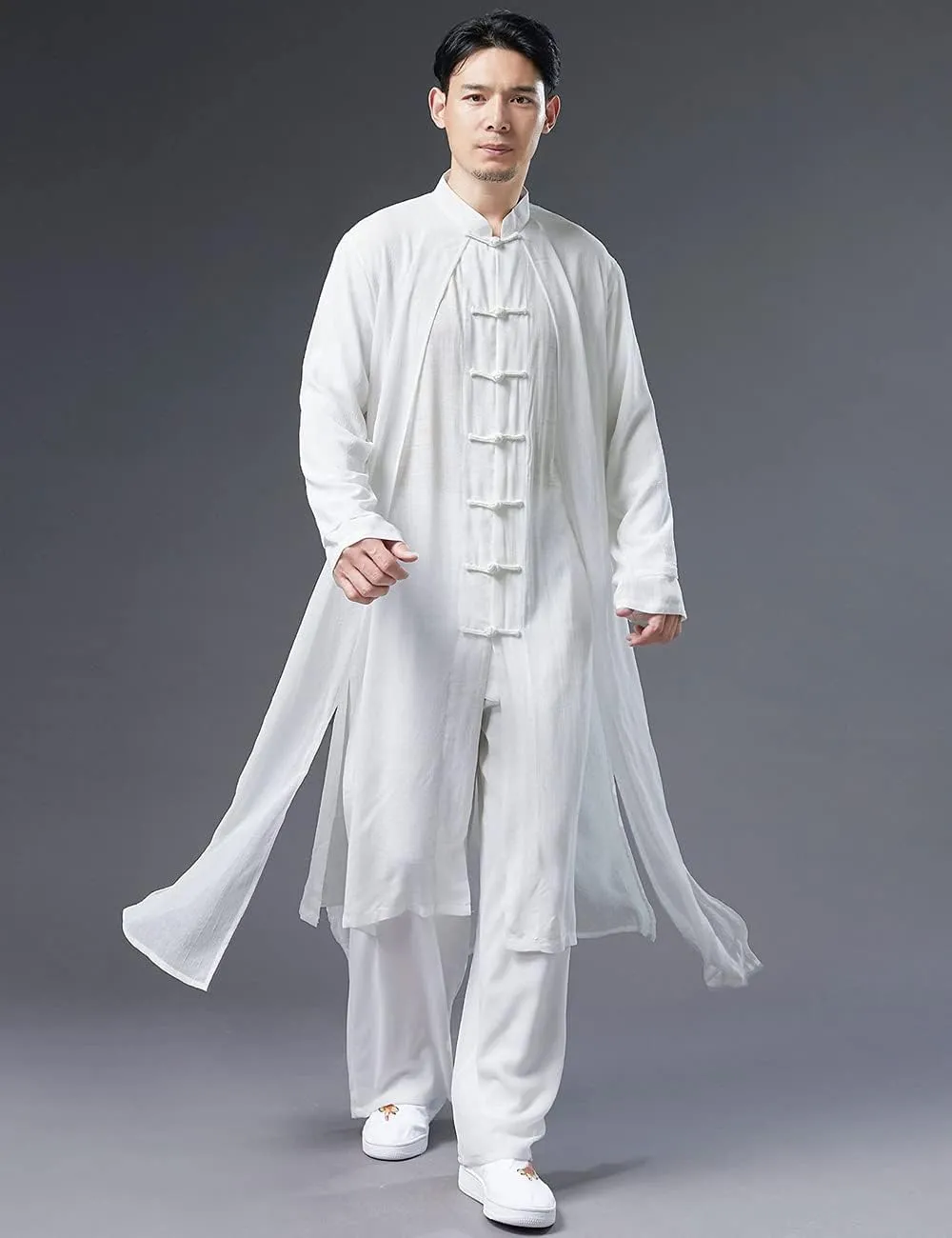 Men's Trench Coat Long Tang Suit Kung Fu Cotton Linen Robe Chinese Style Fake Two Piece Jackets Solid Color