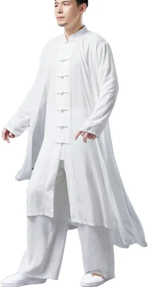 Men's Trench Coat Long Tang Suit Kung Fu Cotton Linen Robe Chinese Style Fake Two Piece Jackets Solid Color