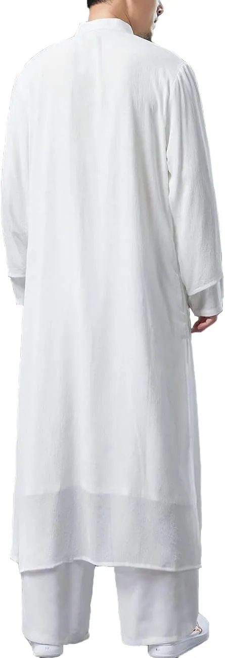 Men's Trench Coat Long Tang Suit Kung Fu Cotton Linen Robe Chinese Style Fake Two Piece Jackets Solid Color