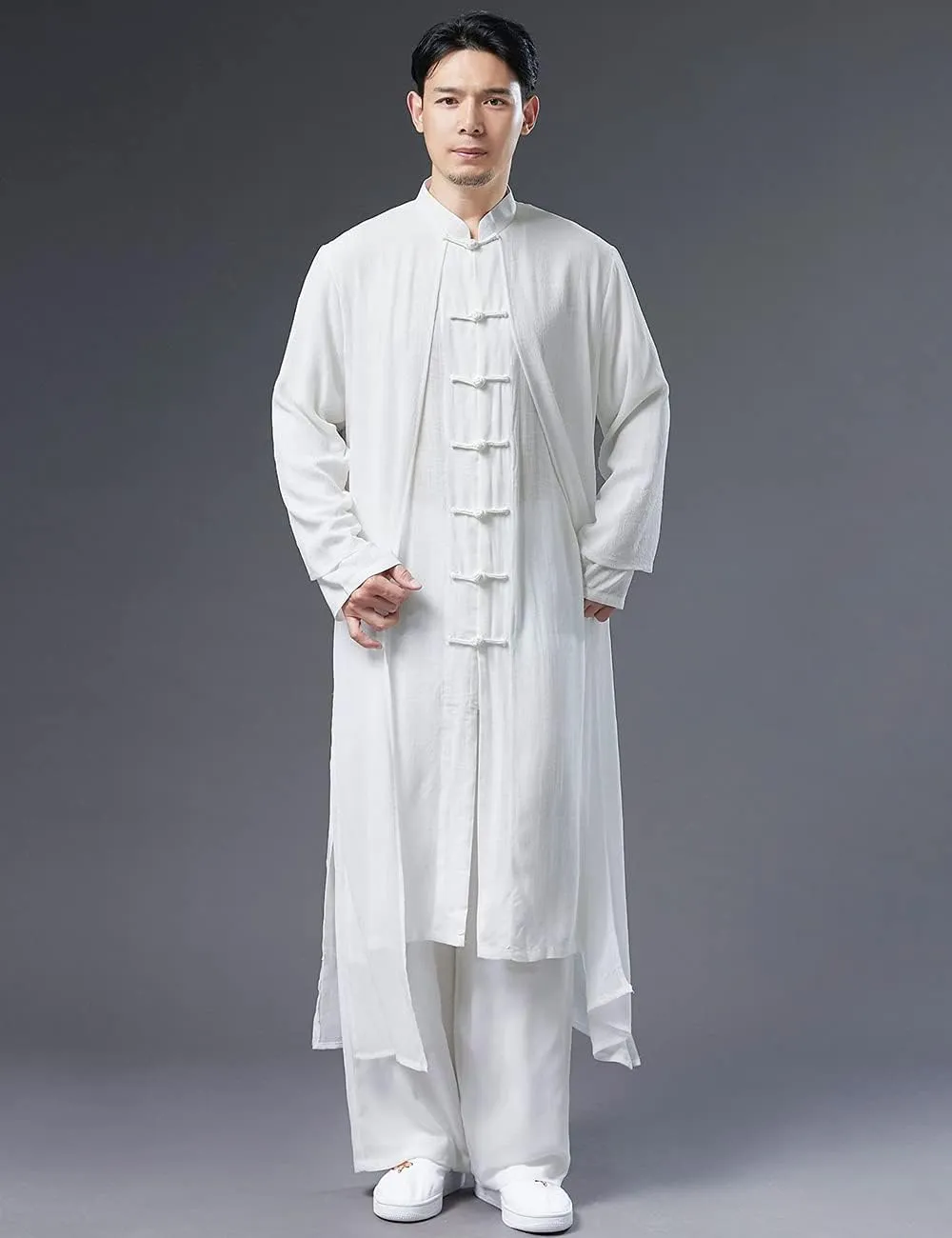 Men's Trench Coat Long Tang Suit Kung Fu Cotton Linen Robe Chinese Style Fake Two Piece Jackets Solid Color